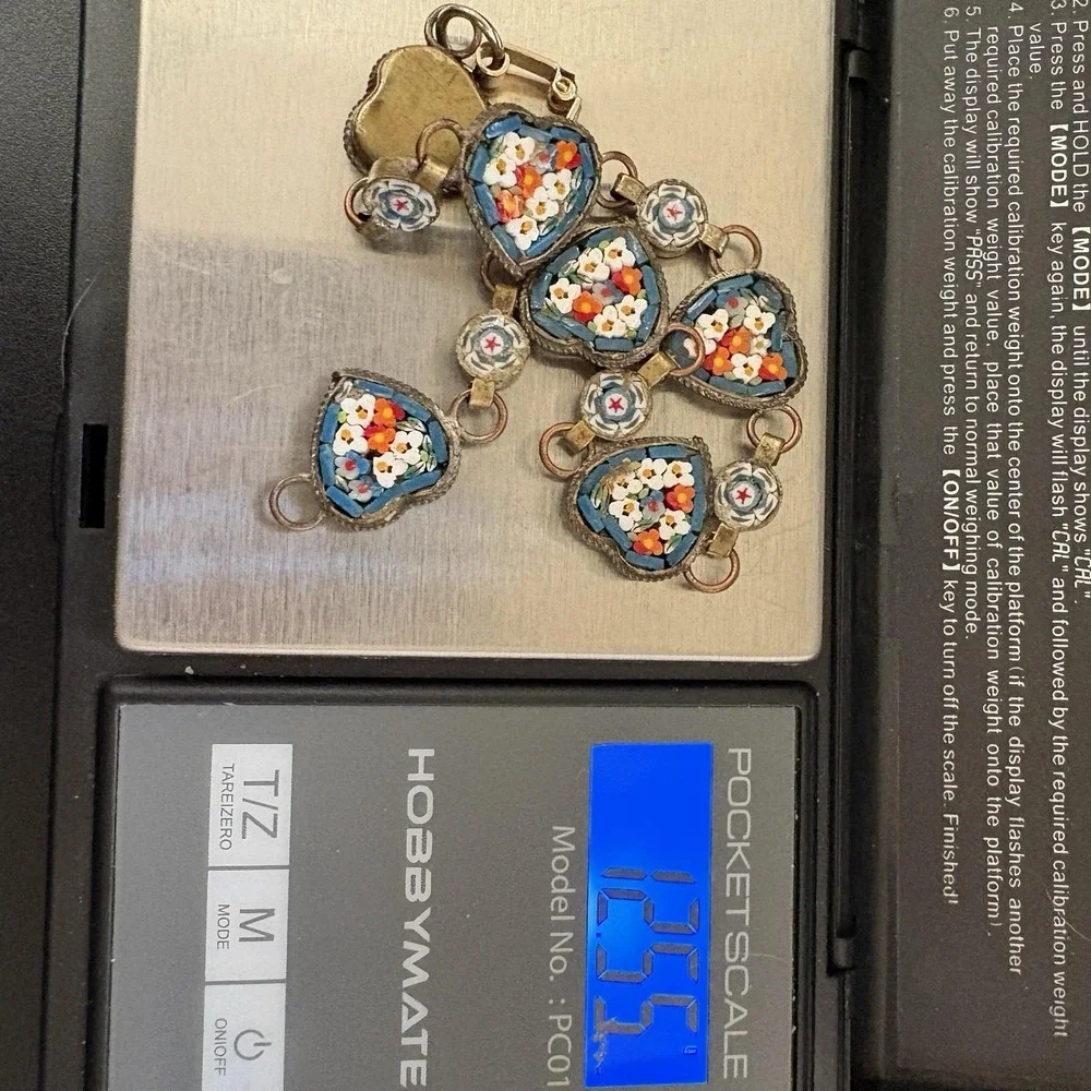 Vintage Italian Micro Mosaic Heart Bracelet Blue Floral Dainty Italy 7